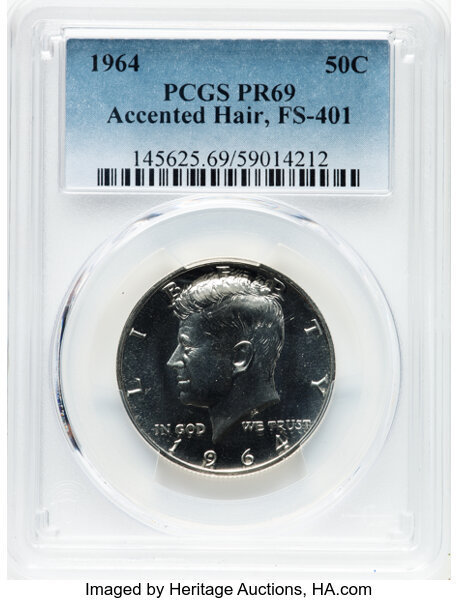 image for: 1964 50C Accented Hair, FS-401, PR69 PCGS. PCGS Population: 12 in 69, 0 finer (10/25). CDN: $700 Whsle. Bid for NGC/PCGS PR...
