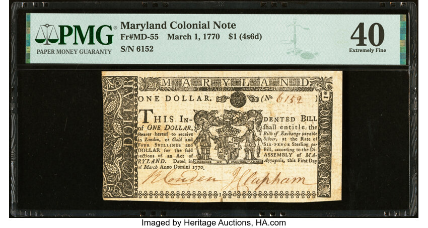 image for: Maryland March 1, 1770 $1 PMG Extremely Fine 40....