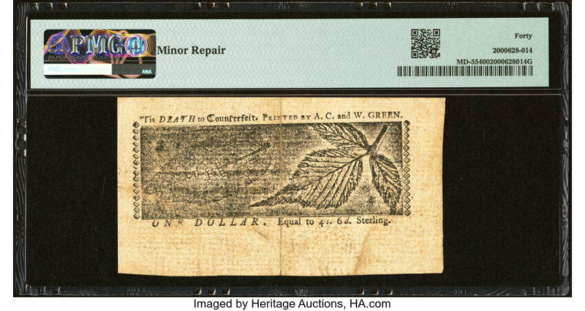 image for: Maryland March 1, 1770 $1 PMG Extremely Fine 40....