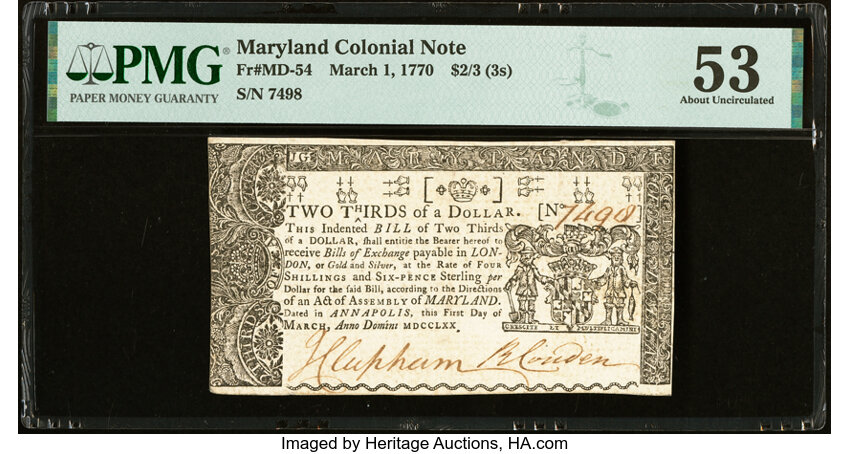 image for: Maryland March 1, 1770 $2/3 PMG About Uncirculated 53....