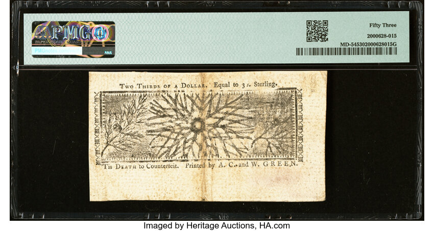 image for: Maryland March 1, 1770 $2/3 PMG About Uncirculated 53....