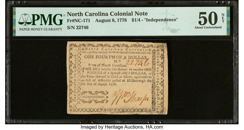 image for: North Carolina August 8, 1778 $1/4 Independence PMG About Uncirculated 50 Net....