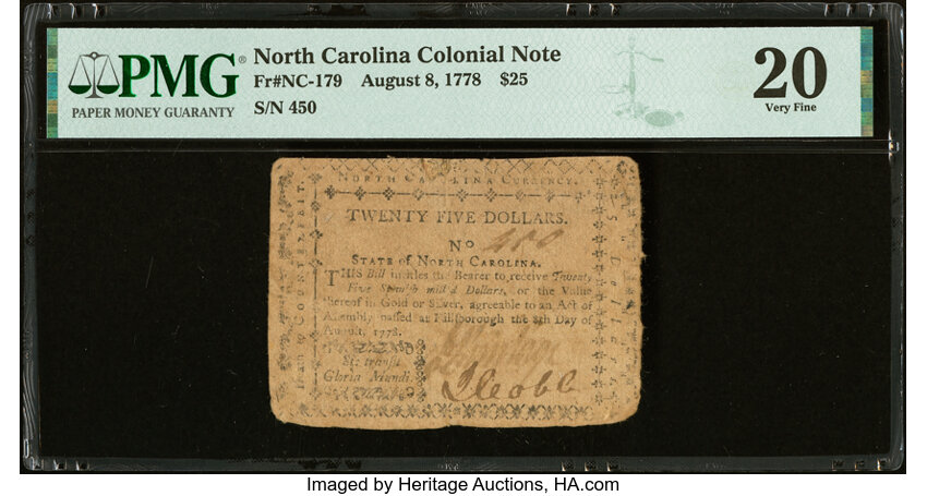 image for: North Carolina August 8, 1778 $25 Sic Transit Gloria Mundi PMG Very Fine 20....