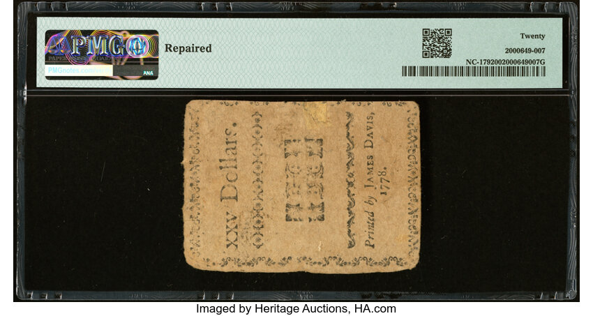 image for: North Carolina August 8, 1778 $25 Sic Transit Gloria Mundi PMG Very Fine 20....