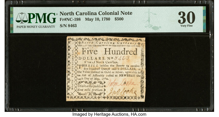 image for: North Carolina May 10, 1780 $500 Divitiae Reipublicae Dant Mihi Pretium PMG Very Fine 30....