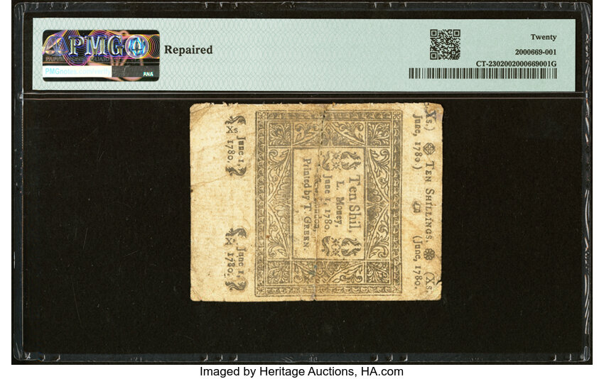 image for: Connecticut June 1, 1780 10s PMG Very Fine 20....