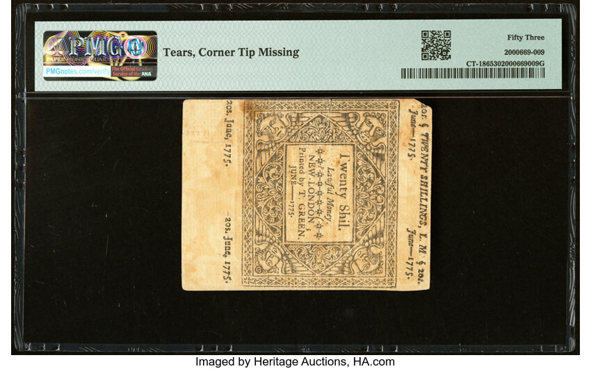 image for: Connecticut June 1, 1775 20s PMG About Uncirculated 53....