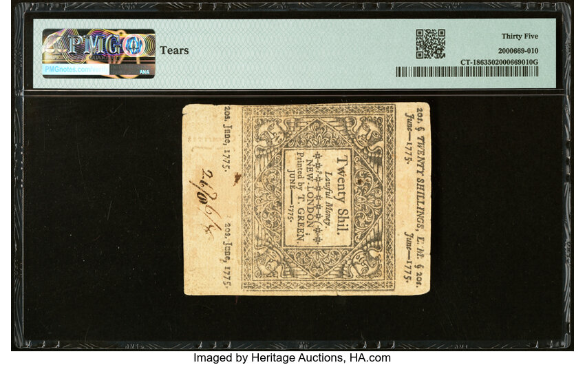 image for: Connecticut June 1, 1775 20s PMG Choice Very Fine 35....