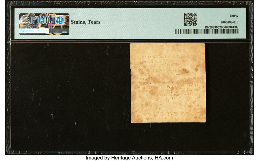 image for: Rhode Island May 22, 1777 $1/8 PMG Very Fine 30....