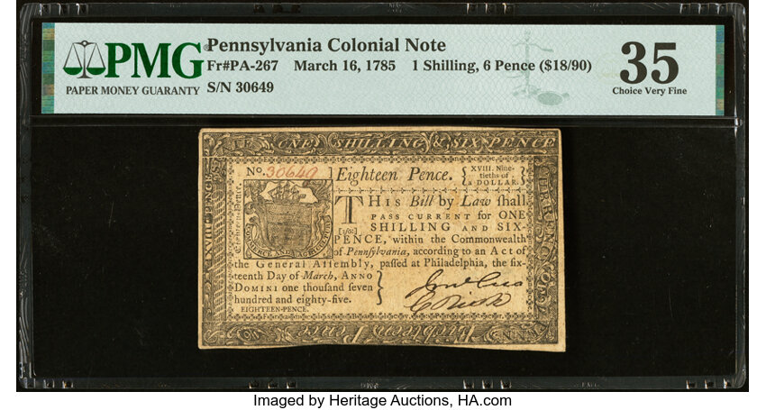 image for: Pennsylvania March 16, 1785 1s 6d PMG Choice Very Fine 35....