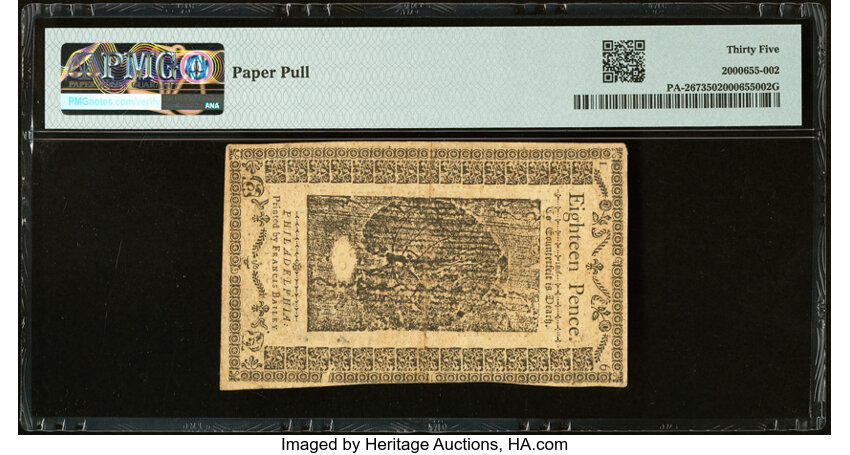 image for: Pennsylvania March 16, 1785 1s 6d PMG Choice Very Fine 35....