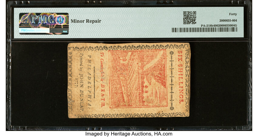 image for: Pennsylvania April 10, 1777 6s PMG Extremely Fine 40....
