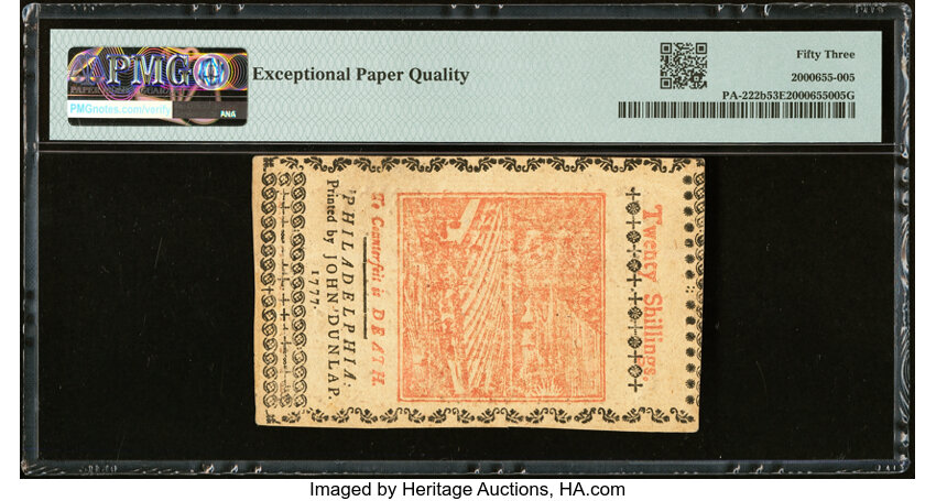 image for: Pennsylvania April 10, 1777 20s PA-222b Red & Black PMG About Uncirculated 53 EPQ....