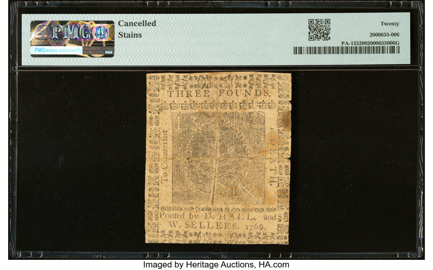 image for: Pennsylvania March 1, 1769 £3 PMG Very Fine 20....