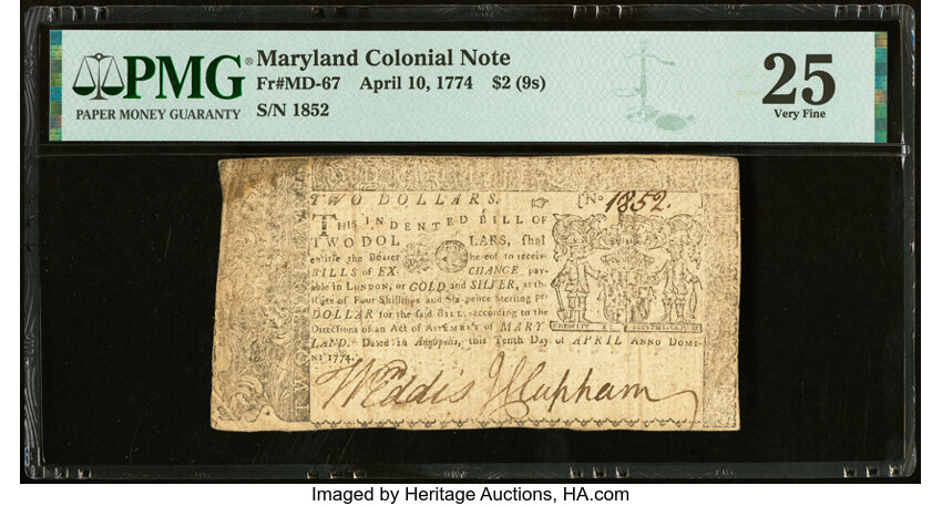 image for: Maryland April 10, 1774 $2 PMG Very Fine 25....