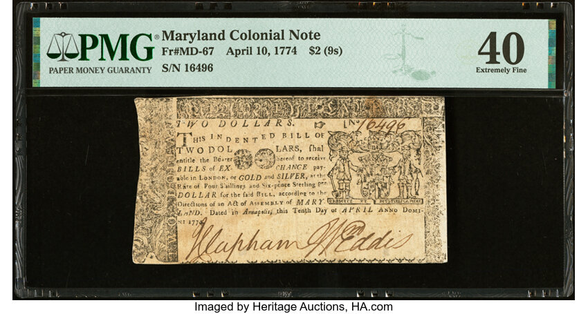 image for: Maryland April 10, 1774 $2 PMG Extremely Fine 40....