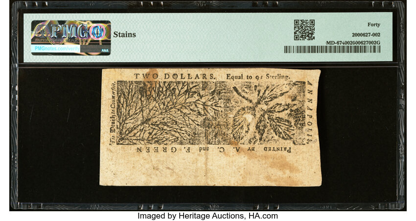 image for: Maryland April 10, 1774 $2 PMG Extremely Fine 40....