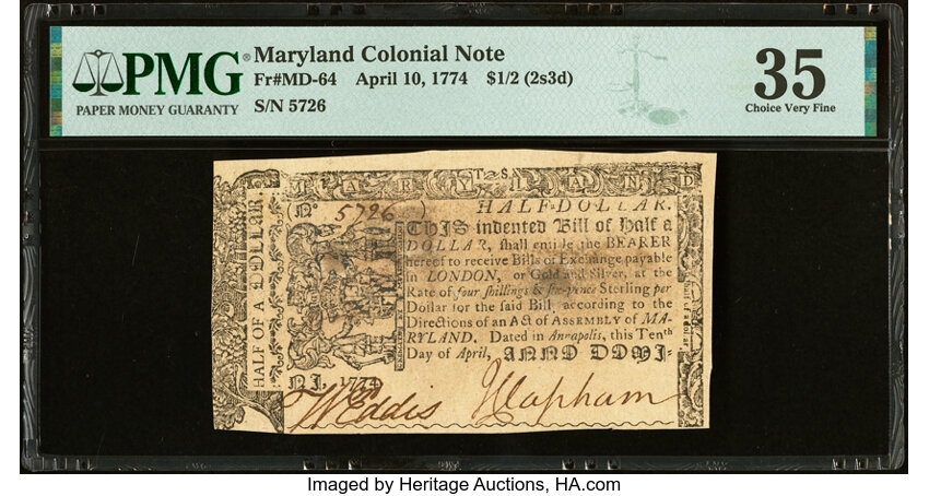 image for: Maryland April 10, 1774 $1/2 PMG Choice Very Fine 35....