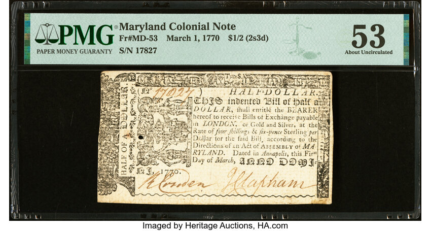 image for: Maryland March 1, 1770 $1/2 PMG About Uncirculated 53....