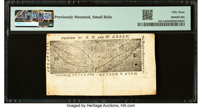image for: Maryland March 1, 1770 $1/2 PMG About Uncirculated 53....
