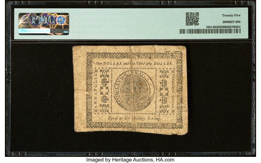 image for: Maryland December 7, 1775 $1 1/3 PMG Very Fine 25....
