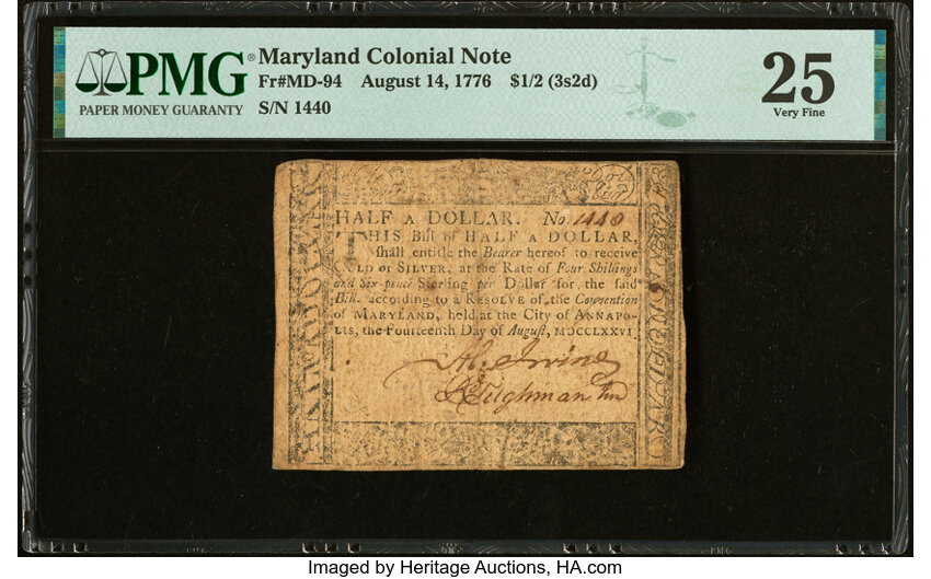 image for: Maryland August 14, 1776 $1/2 PMG Very Fine 25....