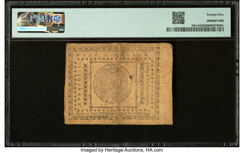 image for: Maryland August 14, 1776 $1/2 PMG Very Fine 25....