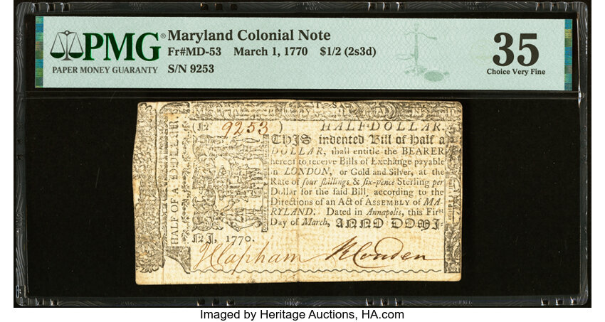 image for: Maryland March 1, 1770 $1/2 PMG Choice Very Fine 35....