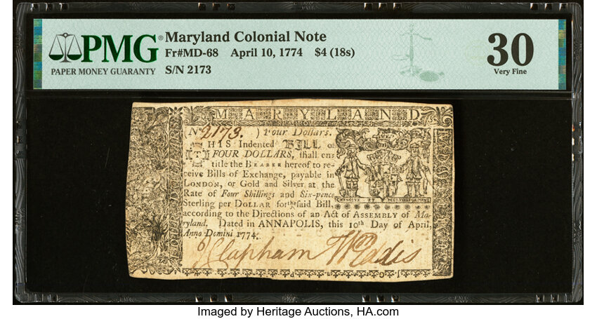 image for: Maryland April 10, 1774 $4 PMG Very Fine 30....