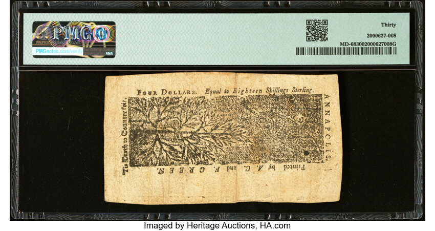 image for: Maryland April 10, 1774 $4 PMG Very Fine 30....