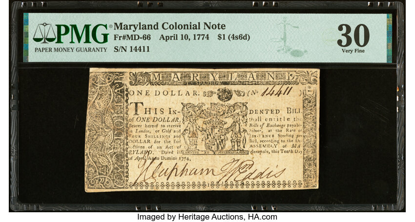 image for: Maryland April 10, 1774 $1 PMG Very Fine 30....