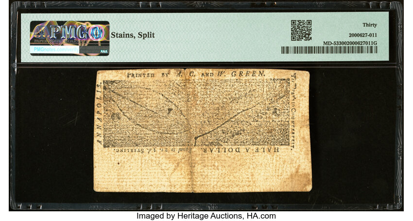 image for: Maryland March 1, 1770 $1/2 PMG Very Fine 30....