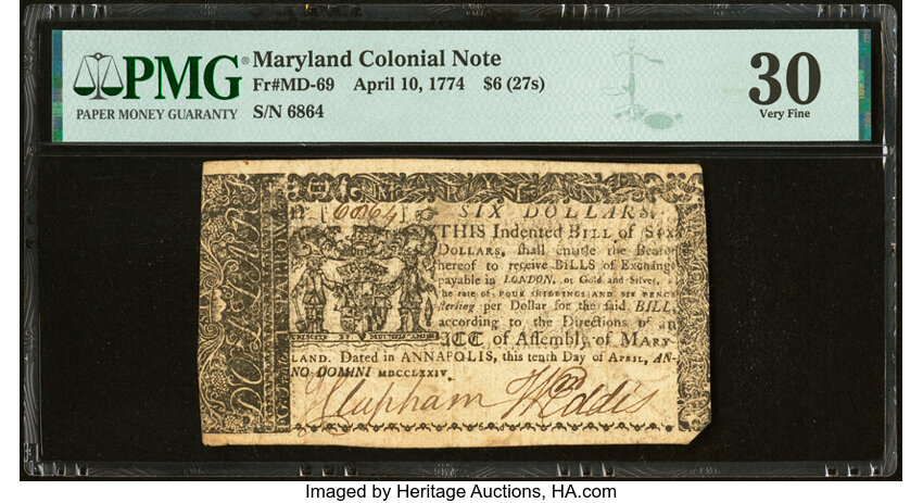image for: Maryland April 10, 1774 $6 PMG Very Fine 30....