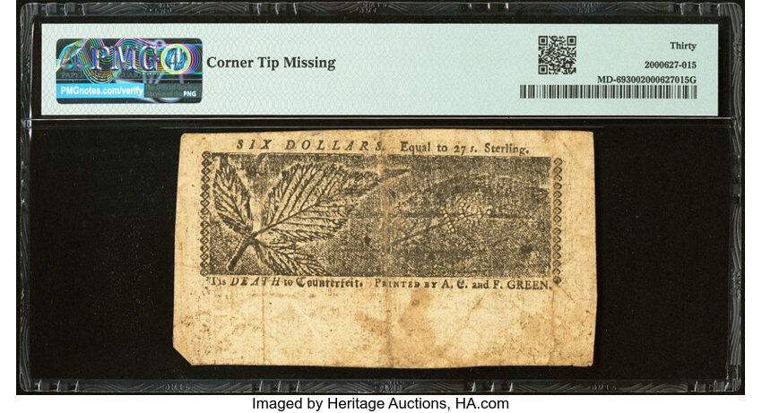 image for: Maryland April 10, 1774 $6 PMG Very Fine 30....