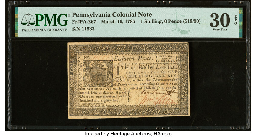 image for: Pennsylvania March 16, 1785 1s 6d PMG Very Fine 30 EPQ....