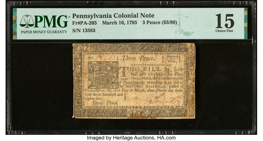 image for: Pennsylvania March 16, 1785 3d PMG Choice Fine 15....