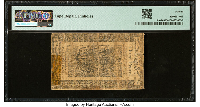 image for: Pennsylvania March 16, 1785 3d PMG Choice Fine 15....