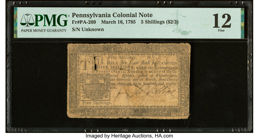 image for: Pennsylvania March 16, 1785 5s PMG Fine 12....