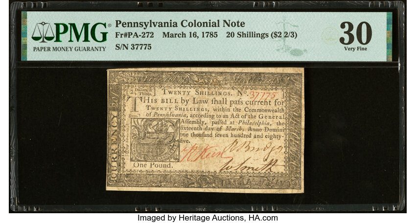 image for: Pennsylvania March 16, 1785 20s PMG Very Fine 30....