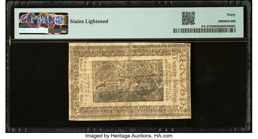 image for: Pennsylvania March 16, 1785 20s PMG Very Fine 30....