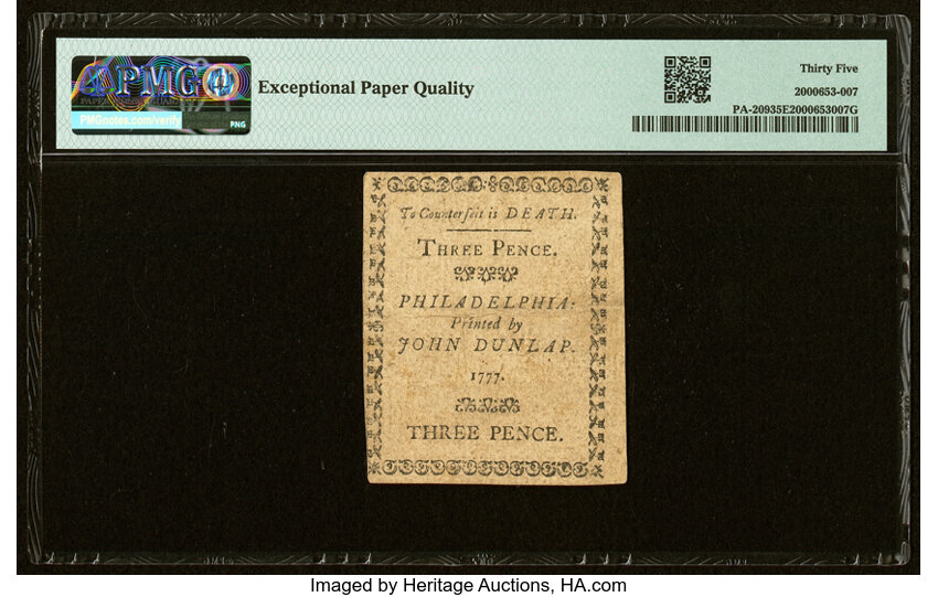 image for: Pennsylvania April 10, 1777 3d PMG Choice Very Fine 35 EPQ....