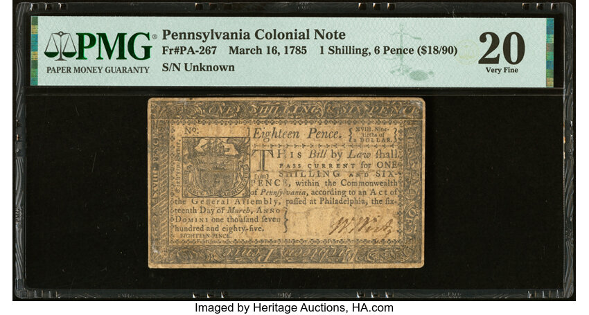 image for: Pennsylvania March 16, 1785 1s 6d PMG Very Fine 20....