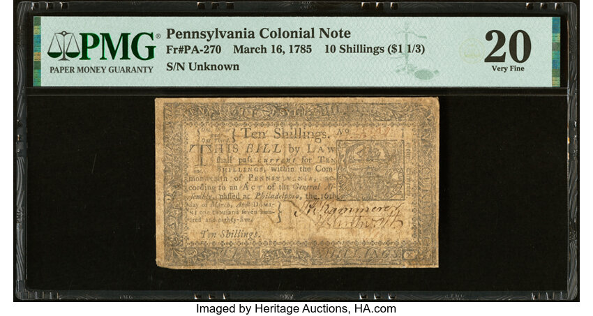 image for: Pennsylvania March 16, 1785 10s PMG Very Fine 20....
