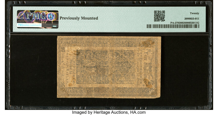 image for: Pennsylvania March 16, 1785 10s PMG Very Fine 20....