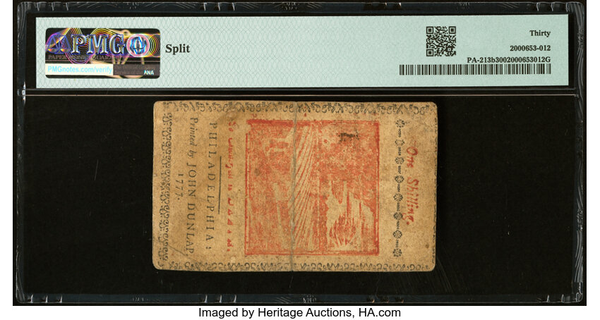 image for: Pennsylvania April 10, 1777 1s Red and Black PMG Very Fine 30....