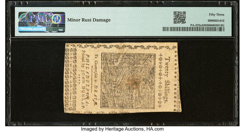 image for: Pennsylvania April 10, 1777 20s PMG About Uncirculated 53....