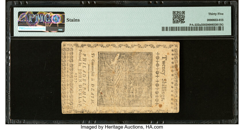 image for: Pennsylvania April 10, 1777 20s PMG Choice Very Fine 35....