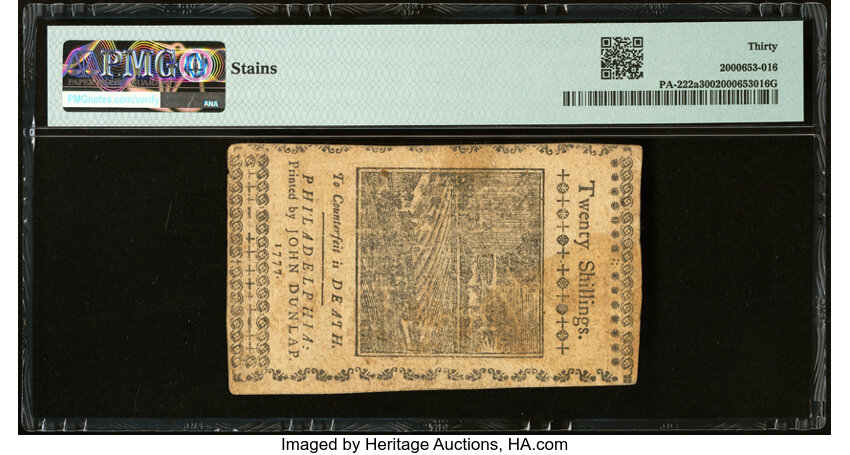 image for: Pennsylvania April 10, 1777 20s PA-222a Black PMG Very Fine 30....