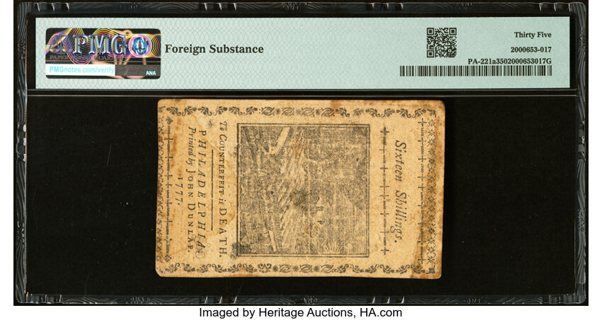 image for: Pennsylvania April 10, 1777 16s PMG Choice Very Fine 35....