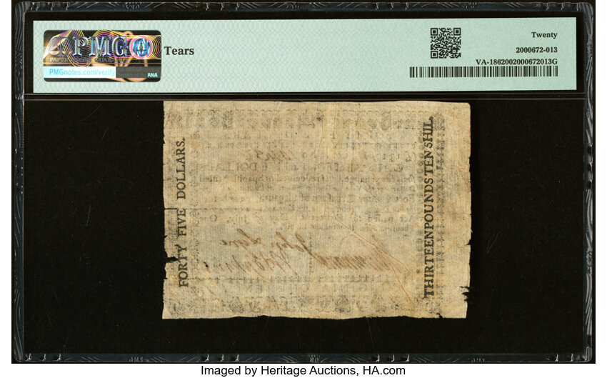 image for: Virginia July 14, 1780 $45 PMG Very Fine 20....